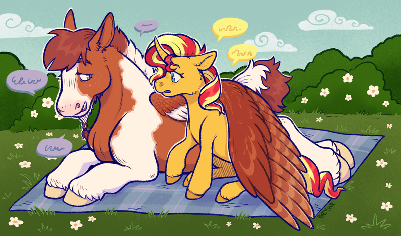 Size: 1690x996 | Tagged: safe, artist:beyhr, derpibooru import, sunset shimmer, oc, hybrid, mule, pegasus, pony, unicorn, braid, coat markings, commission, duo, duo male and female, facial hair, female, goatee, horn, hug, image, lying down, male, mare, picnic blanket, png, prone, size difference, speech bubble, stallion, wing blanket, winghug, wings