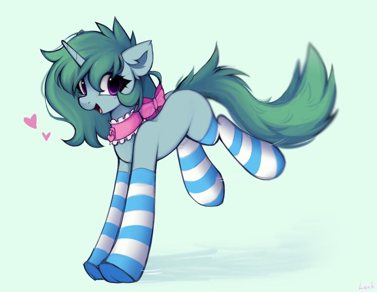 Size: 2048x1587 | Tagged: safe, artist:lerkfruitbat, derpibooru import, oc, unofficial characters only, pony, unicorn, bow, choker, clothes, ear fluff, female, green background, hair bow, heart, horn, image, jpeg, mare, simple background, socks, solo