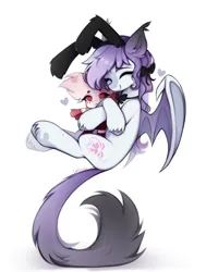 Size: 1552x2048 | Tagged: safe, artist:lerkfruitbat, derpibooru import, oc, unofficial characters only, bat pony, pony, angel dust (hazbin hotel), bow, bowtie, bunny ears, ear fluff, ear tufts, eyes closed, female, flying, hair bow, hug, image, jpeg, mare, plushie, simple background, solo, white background