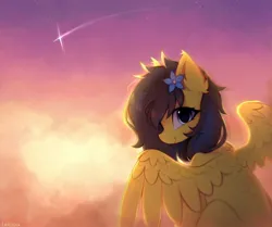 Size: 1024x858 | Tagged: safe, artist:lerkfruitbat, derpibooru import, oc, unofficial characters only, pegasus, pony, cloud, ear fluff, female, flower, flower in hair, image, jpeg, looking at you, looking back, looking back at you, mare, shooting star, solo, spread wings, sunset, wings
