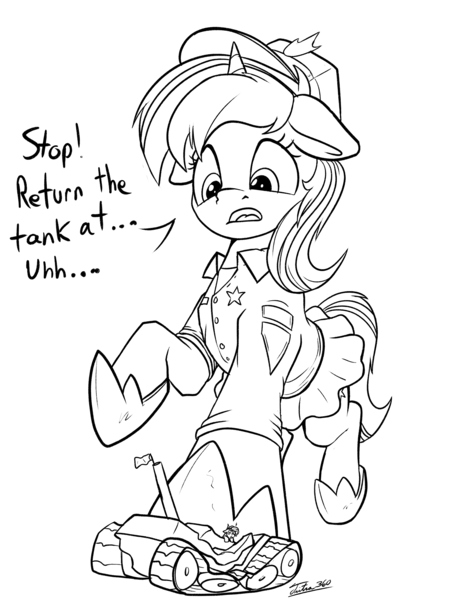 Size: 2445x3233 | Tagged: safe, artist:tsitra360, derpibooru import, pony, unicorn, accident, clothes, crush fetish, crushing, female, fetish, giant pony, hat, hoof shoes, horn, image, looking down, macro, mare, oops, pleated skirt, png, police officer, police uniform, sketch, skirt, tank (vehicle), white flag