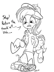 Size: 2445x3233 | Tagged: safe, artist:tsitra360, derpibooru import, pony, unicorn, accident, clothes, crush fetish, crushing, female, fetish, giant pony, hat, hoof shoes, horn, image, looking down, macro, mare, oops, pleated skirt, png, police officer, police uniform, sketch, skirt, tank (vehicle), white flag