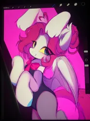 Size: 1526x2048 | Tagged: safe, artist:lerkfruitbat, derpibooru import, oc, unofficial characters only, bat pony, pony, bipedal, bowtie, bunny ears, bunny suit, clothes, ear fluff, eye clipping through hair, eyebrows, eyebrows visible through hair, female, image, jpeg, mare, playboy bunny, solo, wip