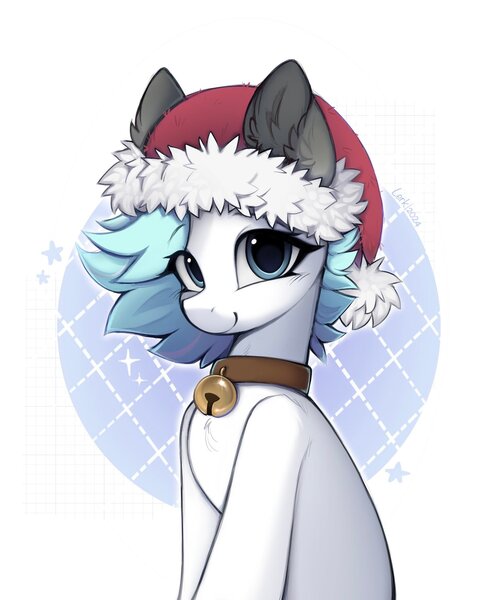 Size: 1678x2048 | Tagged: safe, artist:lerkfruitbat, derpibooru import, oc, unofficial characters only, earth pony, pony, abstract background, bell, bell collar, chest fluff, christmas, collar, ear fluff, female, hat, holiday, image, jpeg, looking at you, mare, santa hat, solo