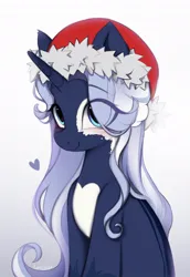 Size: 706x1024 | Tagged: safe, artist:lerkfruitbat, derpibooru import, oc, unofficial characters only, pony, unicorn, blushing, christmas, coat markings, commission, eye clipping through hair, eyebrows, eyebrows visible through hair, facial markings, female, hat, holiday, horn, image, jpeg, mare, santa hat, simple background, white background, ych result