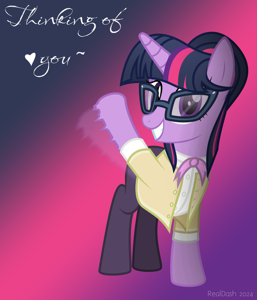 Size: 1200x1400 | Tagged: safe, artist:realdash, derpibooru import, twilight sparkle, unicorn, adorkable, alternate hairstyle, alternate timeline, alternate universe, bow, bowtie, clothes, cute, dork, female, glasses, gradient background, hair bun, happy, heart, horn, image, looking at you, milf, older, older twilight, pantyhose, png, show accurate, smiling, solo, sweater, twiabetes, unicorn twilight, waving, waving at you