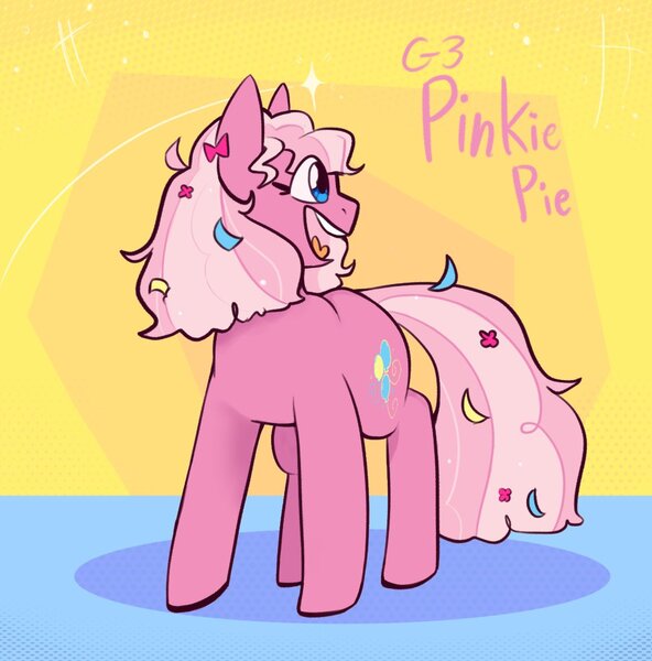 Size: 1080x1094 | Tagged: safe, artist:melodymelanchol, derpibooru import, pinkie pie (g3), earth pony, pony, g3, abstract background, confetti, female, image, jpeg, mare, solo