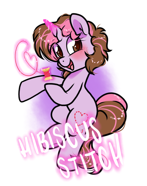 Size: 950x1200 | Tagged: safe, artist:paperbagpony, derpibooru import, oc, oc:hibiscus stitch, unicorn, blushing, horn, image, magic, magic aura, needle, png, thread, unicorn oc