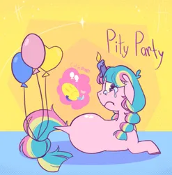 Size: 1011x1024 | Tagged: safe, artist:melodymelanchol, derpibooru import, oc, oc:pity party, unofficial characters only, earth pony, pony, abstract background, balloon, candlehead, female, image, jpeg, looking back, lying down, mare, prone, solo