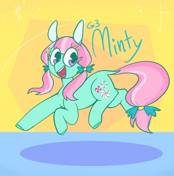 Size: 1080x1094 | Tagged: safe, artist:melodymelanchol, derpibooru import, minty, earth pony, pony, g3, abstract background, eye clipping through hair, female, image, jpeg, mare, solo