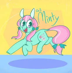 Size: 1080x1094 | Tagged: safe, artist:melodymelanchol, derpibooru import, minty, earth pony, pony, g3, abstract background, eye clipping through hair, female, image, jpeg, mare, solo
