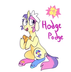 Size: 1080x1094 | Tagged: safe, artist:melodymelanchol, derpibooru import, oc, oc:hodge podge, unofficial characters only, pony, unicorn, clothes, curved horn, female, hat, horn, image, jpeg, mare, plushie, simple background, socks, solo, white background