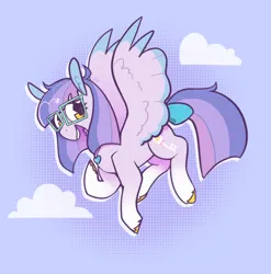 Size: 1080x1094 | Tagged: safe, artist:melodymelanchol, derpibooru import, oc, unofficial characters only, pegasus, pony, abstract background, bow, female, flying, glasses, image, jewelry, jpeg, mare, necklace, screentone, solo, tail, tail bow, unshorn fetlocks