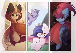 Size: 2880x2000 | Tagged: safe, artist:miryelis, derpibooru import, oc, oc:brave boi, oc:rainven wep, unofficial characters only, earth pony, pegasus, pony, unicorn, big ears, cape, clothes, crossover, flying, full body, horn, image, journey, long hair, png, smiling