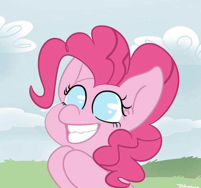 Size: 2052x1914 | Tagged: safe, artist:tkshoelace, derpibooru import, pinkie pie, earth pony, pony, cloud, g4, hooves together, image, png, smiling, solo