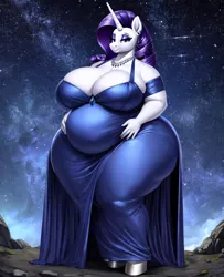 Size: 832x1024 | Tagged: safe, ai content, derpibooru import, machine learning generated, stable diffusion, rarity, anthro, unguligrade anthro, big breasts, breasts, cleavage, clothes, derpibooru exclusive, dress, eyeshadow, fat, g4, huge breasts, image, jewelry, long skirt, makeup, necklace, night, obese, png, prompter:professordoctorc, raritubby, skirt, wide hips