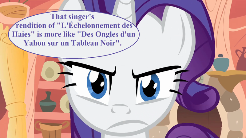 Size: 1920x1080 | Tagged: safe, derpibooru import, edit, edited screencap, editor:korora, screencap, rarity, look before you sleep, claude debussy, french, g4, golden oaks library, image, library, paul verlaine, png, rarity is not amused, speech bubble, translated in the description, unamused
