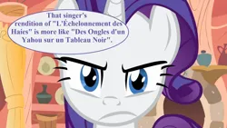 Size: 1920x1080 | Tagged: safe, derpibooru import, edit, edited screencap, editor:korora, screencap, rarity, look before you sleep, claude debussy, french, g4, golden oaks library, image, library, paul verlaine, png, rarity is not amused, speech bubble, translated in the description, unamused