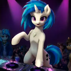 Size: 1024x1024 | Tagged: safe, ai content, derpibooru import, machine learning generated, prompter:vtaviscratch, vinyl scratch, pony, semi-anthro, unicorn, belly, belly button, bipedal, chest fluff, clothes, club, duality, featureless crotch, female, horn, image, jacket, jpeg, mare, rave, standing, standing on two hooves, turntable