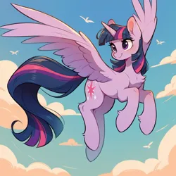 Size: 1024x1024 | Tagged: safe, ai content, derpibooru import, machine learning generated, prompter:doom9454, stable diffusion, twilight sparkle, alicorn, pony, cute, fluffy, flying, generator:pony diffusion v6 xl, image, long tail, png, tail, wings