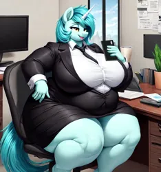 Size: 832x888 | Tagged: safe, ai content, derpibooru import, machine learning generated, stable diffusion, lyra heartstrings, anthro, unicorn, series:office ponies, bbw, clothes, fat, g4, horn, image, jacket, mobile phone, necktie, obese, office, phone, png, prompter:professordoctorc, shirt, skirt, ssbbw, thighs, thunder thighs