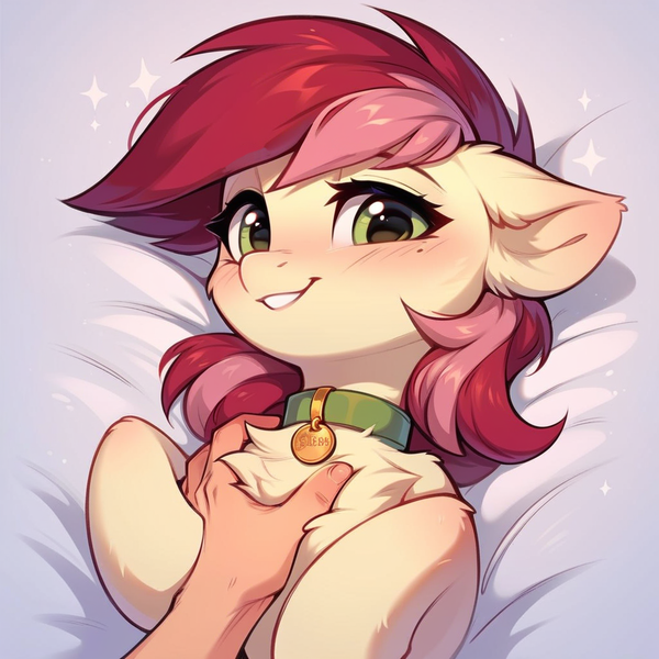 Size: 1024x1024 | Tagged: safe, ai content, derpibooru import, machine learning generated, prompter:doom9454, stable diffusion, roseluck, human, pony, behaving like a cat, chest fluff, collar, fluffy, generator:pony diffusion v6 xl, hand, image, offscreen character, offscreen human, pet tag, petting, png, pony pet, rosepet