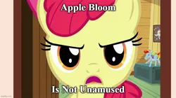 Size: 888x499 | Tagged: safe, derpibooru import, edit, edited screencap, screencap, apple bloom, earth pony, pony, just for sidekicks, amused, caption, clubhouse, crusaders clubhouse, female, filly, foal, g4, image, image macro, imgflip, jpeg, meme, meme face, rainbow dash balloon, solo, text