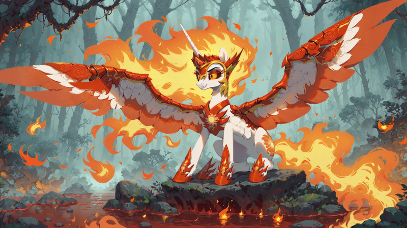 Size: 5472x3072 | Tagged: safe, ai content, derpibooru import, machine learning assisted, machine learning generated, prompter:oranzinispegasiukas, daybreaker, alicorn, pony, fire, forest, forest background, high res, image, png, sitting, solo, spread wings, tree, wings