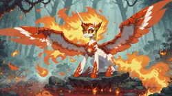 Size: 5472x3072 | Tagged: safe, ai content, derpibooru import, machine learning assisted, machine learning generated, prompter:oranzinispegasiukas, daybreaker, alicorn, pony, fire, forest, forest background, high res, image, png, sitting, solo, spread wings, tree, wings