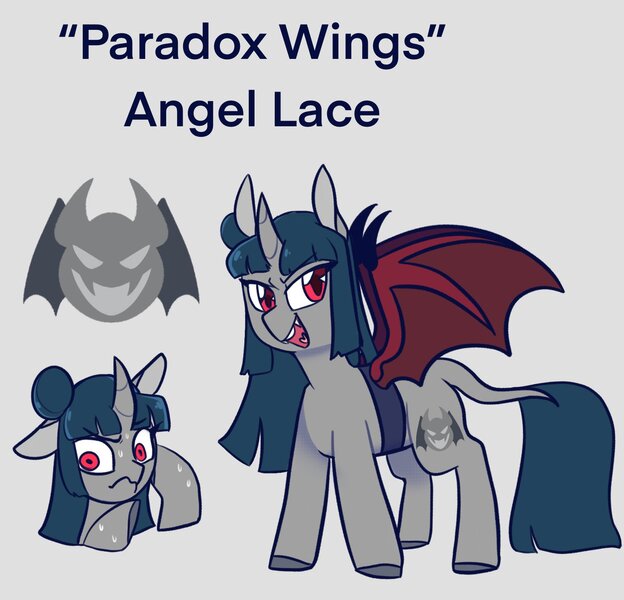 Size: 1547x1487 | Tagged: safe, artist:melodymelanchol, derpibooru import, ponified, pony, unicorn, bat wings, curved horn, fake wings, fangs, female, gray background, horn, image, jpeg, love live!, love live! sunshine!!, mare, simple background, solo, wings, yoshiko tsushima