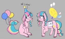 Size: 1662x996 | Tagged: safe, artist:melodymelanchol, derpibooru import, oc, oc:pity party, unofficial characters only, earth pony, pony, bag, balloon, candle, candlehead, female, gray background, hat, image, jpeg, mare, party hat, reference sheet, saddle bag, simple background, solo