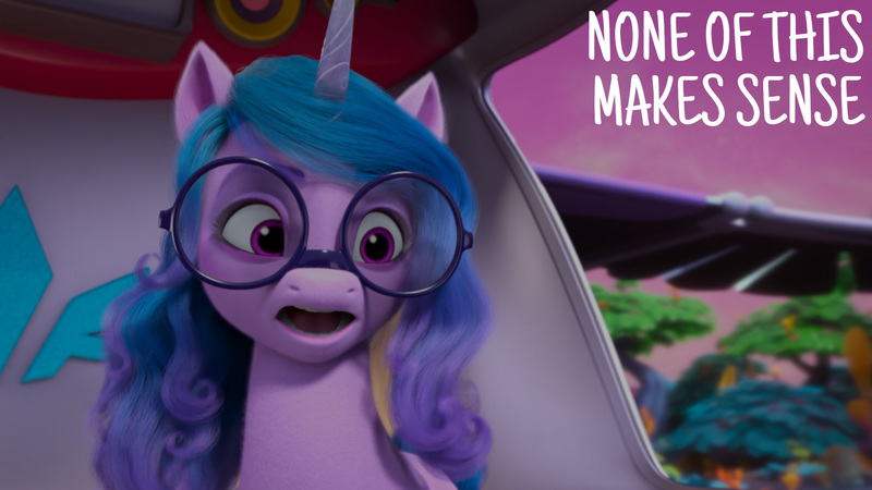 Size: 1920x1080 | Tagged: safe, derpibooru import, edit, edited screencap, editor:quoterific, screencap, izzy moonbow, g5, my little pony: make your mark, glasses, image, my little pony: make your mark chapter 6, png, solo, the isle of scaly