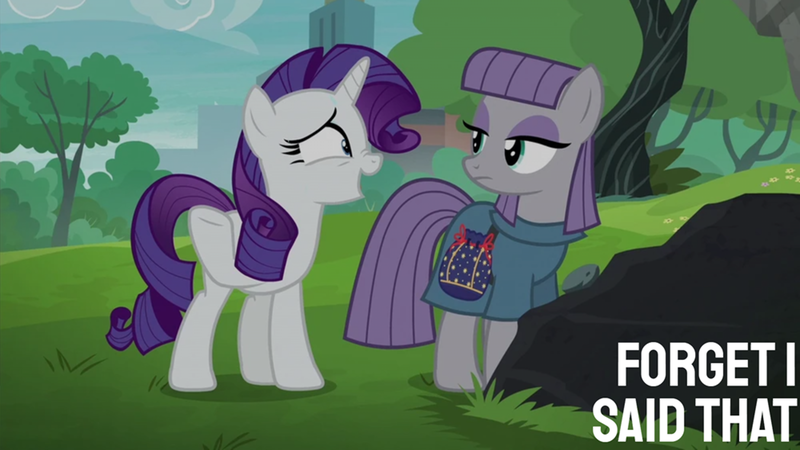 Size: 2000x1125 | Tagged: safe, derpibooru import, edit, edited screencap, editor:quoterific, screencap, maud pie, rarity, the gift of the maud pie, city, g4, image, park, png, rock, rock pouch
