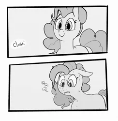 Size: 2002x2048 | Tagged: safe, artist:melodymelanchol, derpibooru import, pinkie pie, earth pony, pony, comic:rotten harmony, black and white, comic, dialogue, female, grayscale, image, jpeg, mare, monochrome, screentone, solo, speech bubble, sweat, sweating profusely