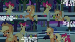 Size: 2000x1125 | Tagged: safe, derpibooru import, edit, edited screencap, editor:quoterific, screencap, apple bloom, applejack, earth pony, pony, going to seed, apple, apple tree, fence, food, image, night, png, trap (device), tree