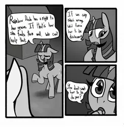 Size: 2002x2048 | Tagged: safe, artist:melodymelanchol, derpibooru import, fluttershy, twilight sparkle, pegasus, pony, unicorn, comic:rotten harmony, black and white, comic, dialogue, duo, female, grayscale, image, jpeg, mare, monochrome, speech bubble, unicorn twilight