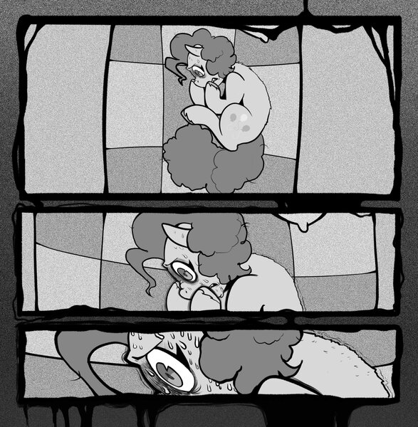 Size: 2002x2048 | Tagged: safe, artist:melodymelanchol, derpibooru import, pinkie pie, earth pony, pony, comic:rotten harmony, black and white, comic, curled up, female, grayscale, image, jpeg, lying down, mare, monochrome, solo, sweat, sweating profusely