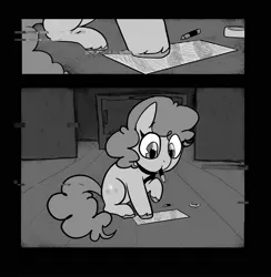 Size: 2002x2048 | Tagged: safe, artist:melodymelanchol, derpibooru import, pinkie pie, earth pony, pony, comic:rotten harmony, black and white, comic, drawing, female, filly, filly pinkie pie, grayscale, image, jpeg, monochrome, solo, younger