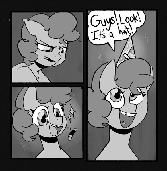 Size: 2002x2048 | Tagged: safe, artist:melodymelanchol, derpibooru import, pinkie pie, earth pony, pony, comic:rotten harmony, black and white, comic, female, filly, filly pinkie pie, grayscale, hat, image, jpeg, marker, monochrome, party hat, solo, younger