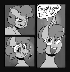 Size: 2002x2048 | Tagged: safe, artist:melodymelanchol, derpibooru import, pinkie pie, earth pony, pony, comic:rotten harmony, black and white, comic, female, filly, filly pinkie pie, grayscale, hat, image, jpeg, marker, monochrome, party hat, solo, younger