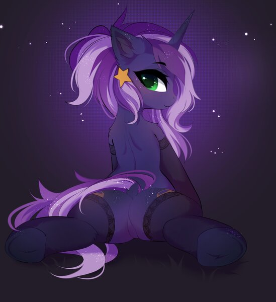 Size: 3024x3307 | Tagged: safe, artist:empress-twilight, derpibooru import, oc, oc:mercurial, unofficial characters only, pony, unicorn, clothes, female, horn, image, jpeg, looking at you, looking back, looking back at you, socks, solo, underhoof