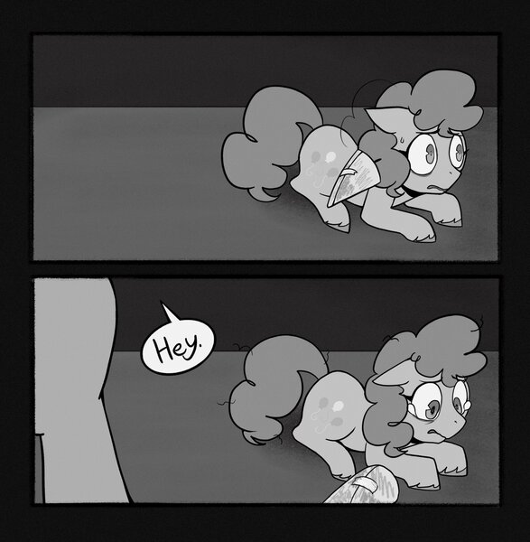 Size: 2002x2048 | Tagged: safe, artist:melodymelanchol, derpibooru import, pinkie pie, earth pony, pony, comic:rotten harmony, black and white, comic, dialogue, female, filly, filly pinkie pie, grayscale, hat, image, jpeg, lying down, monochrome, party hat, prone, scared, speech bubble, teary eyes, unshorn fetlocks, younger