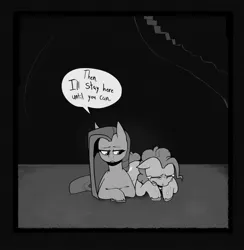 Size: 2002x2048 | Tagged: safe, artist:melodymelanchol, derpibooru import, pinkie pie, earth pony, pony, comic:rotten harmony, black and white, comic, crying, dialogue, female, grayscale, image, jpeg, lying down, mare, monochrome, pinkamena diane pie, prone, speech bubble, unshorn fetlocks