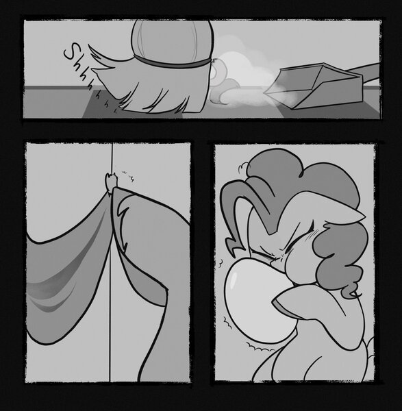 Size: 2002x2048 | Tagged: safe, artist:melodymelanchol, derpibooru import, pinkie pie, earth pony, pony, comic:rotten harmony, balloon, black and white, blowing up balloons, broom, comic, dustpan, female, grayscale, image, inflating, jpeg, mare, monochrome, unshorn fetlocks