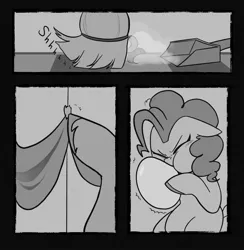 Size: 2002x2048 | Tagged: safe, artist:melodymelanchol, derpibooru import, pinkie pie, earth pony, pony, comic:rotten harmony, balloon, black and white, blowing up balloons, broom, comic, dustpan, female, grayscale, image, inflating, jpeg, mare, monochrome, unshorn fetlocks