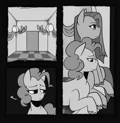 Size: 2002x2048 | Tagged: safe, artist:melodymelanchol, derpibooru import, pinkie pie, earth pony, pony, comic:rotten harmony, balloon, black and white, comic, female, grayscale, image, jpeg, lying down, mare, monochrome, pinkamena diane pie, prone, sitting