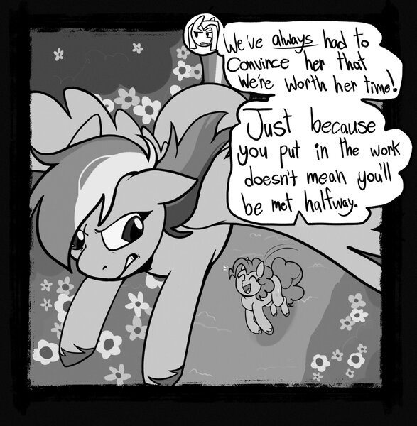 Size: 2002x2048 | Tagged: safe, artist:melodymelanchol, derpibooru import, pinkie pie, rainbow dash, earth pony, pegasus, pony, comic:rotten harmony, black and white, dialogue, female, flying, grayscale, image, jpeg, mare, monochrome, pinkamena diane pie, speech bubble