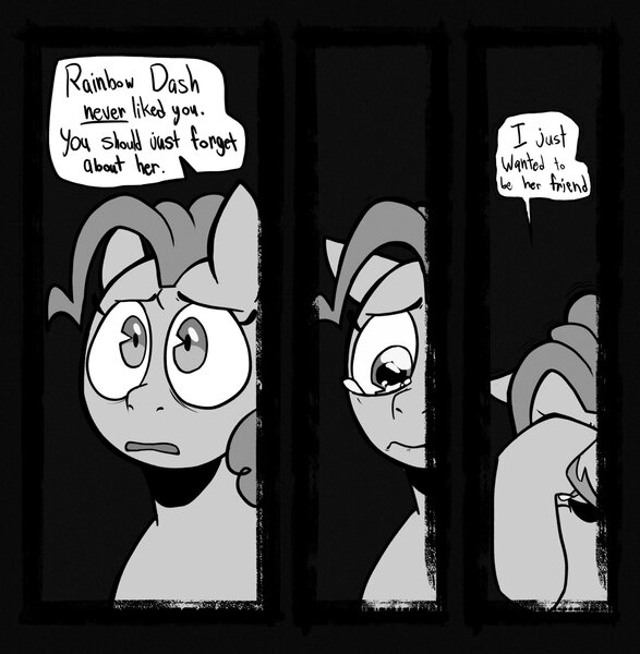 Size: 2002x2048 | Tagged: safe, artist:melodymelanchol, derpibooru import, pinkie pie, earth pony, pony, comic:rotten harmony, black and white, comic, crying, dialogue, female, grayscale, image, jpeg, mare, monochrome, solo, speech bubble, unshorn fetlocks