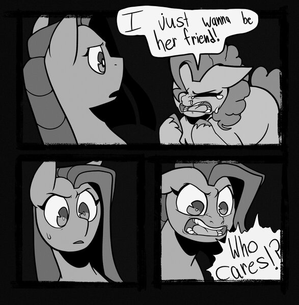 Size: 2002x2048 | Tagged: safe, artist:melodymelanchol, derpibooru import, pinkie pie, earth pony, pony, comic:rotten harmony, black and white, comic, crying, dialogue, female, grayscale, image, jpeg, mare, monochrome, pinkamena diane pie, snot, speech bubble, unshorn fetlocks