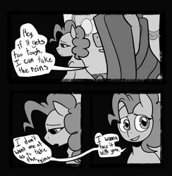 Size: 2002x2048 | Tagged: safe, artist:melodymelanchol, derpibooru import, pinkie pie, earth pony, pony, comic:rotten harmony, black and white, comic, dialogue, female, grayscale, image, jpeg, mare, monochrome, pinkamena diane pie, speech bubble